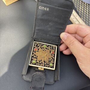 50s Ciner Butterfly Embroidered Compact Mirror Powder Case With Pouch